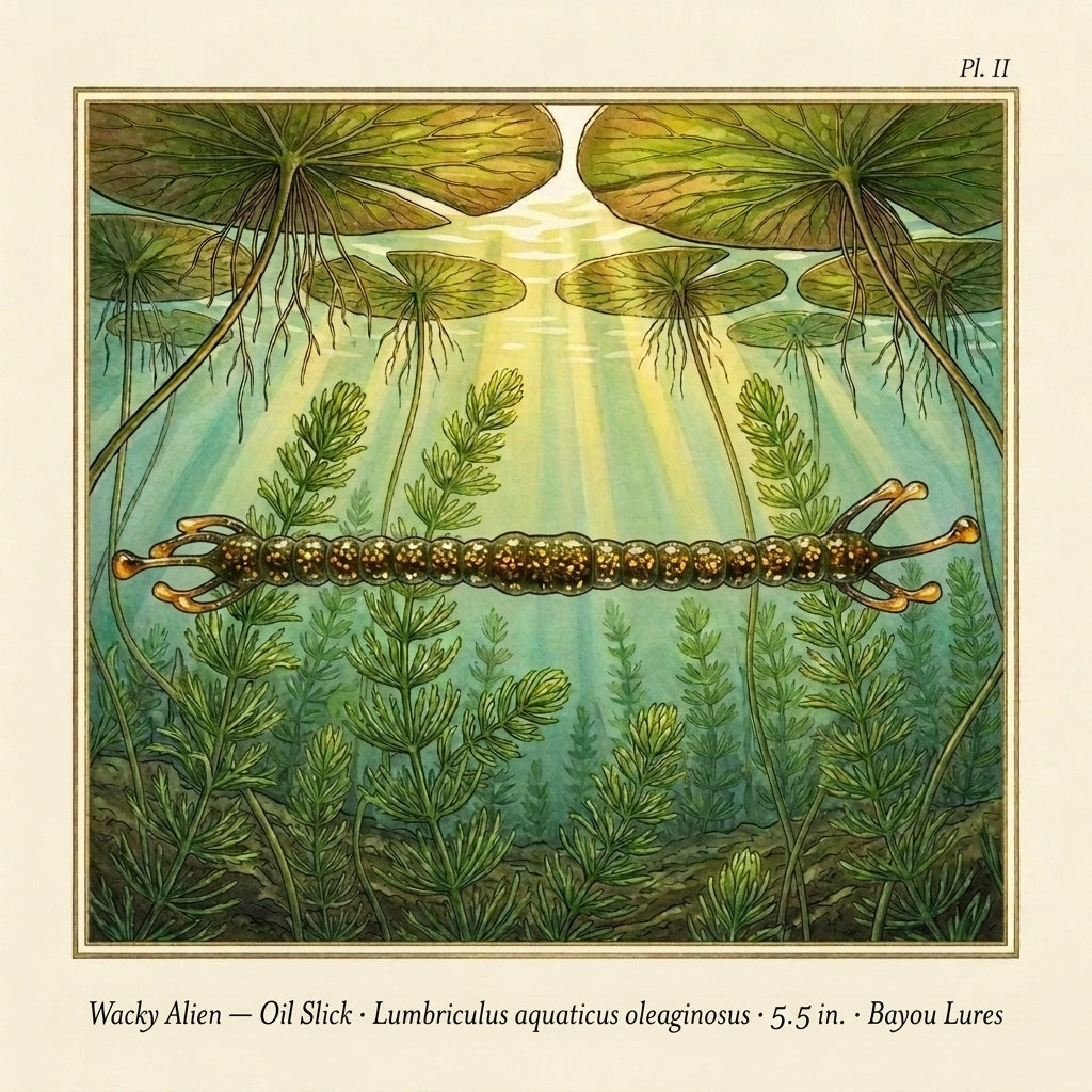 WM Bayou Wacky Alien — Oil Slick color, wacky rigged underwater among lily pads and aquatic vegetation